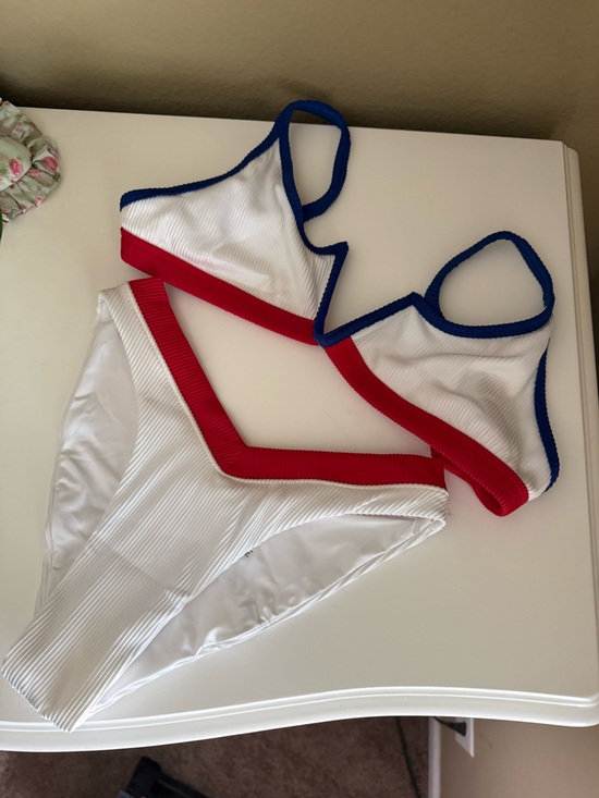 Oneone Other - 4th of July White Ribbed Bikini Set with Red & Blue Trim